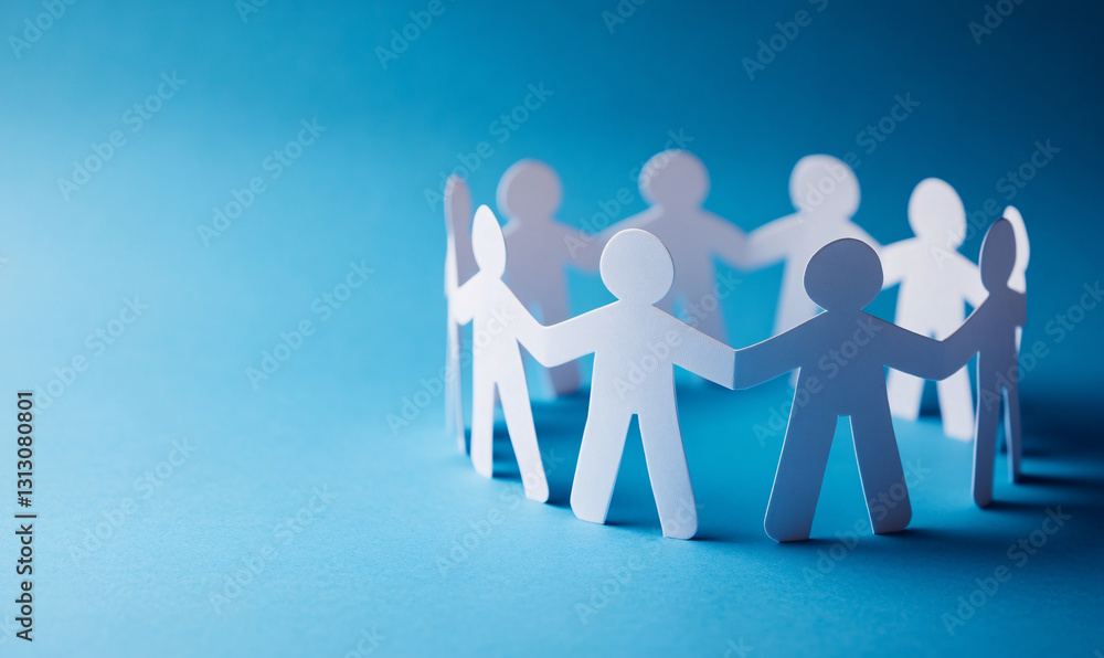 Paper figures united in a circle symbolizing teamwork and community on blue background Paper figures united in a circle symbolizing teamwork and community on blue background
