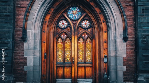 An ornate wooden church door  its arched frame decorated with stained glass windows.