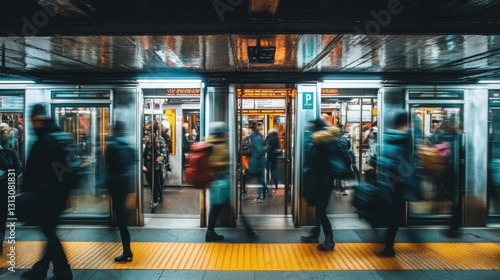 A busy subway station with glass doors separating passengers from the tracks.