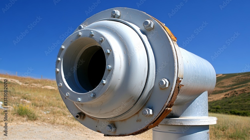 Large metal pipe with flange stands outdoors against a blue sky Large metal pipe with flange stands outdoors against a blue sky
