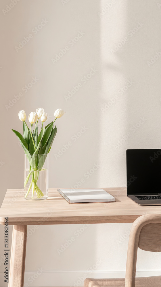 Minimalist workspace with tulips vase notebook and laptop on wooden desk Minimalist workspace with tulips vase notebook and laptop on wooden desk