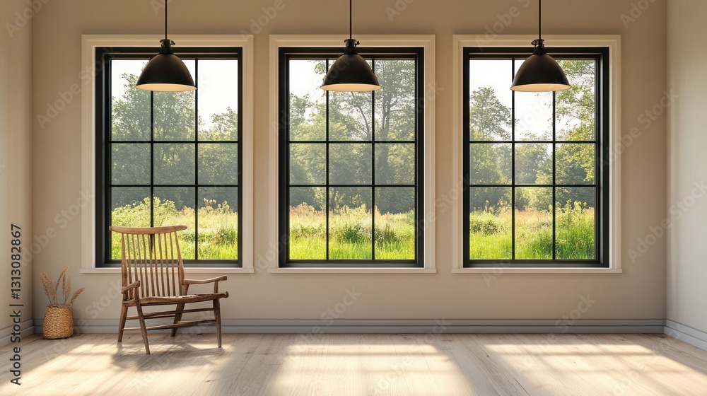 Fototapeta premium Empty room with large windows overlooking a grassy field. Interior design