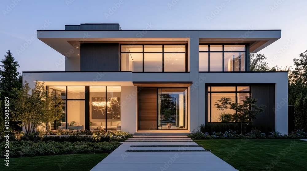 Obraz premium A contemporary home facade featuring clean lines, a minimalist design, and a stylish entrance.