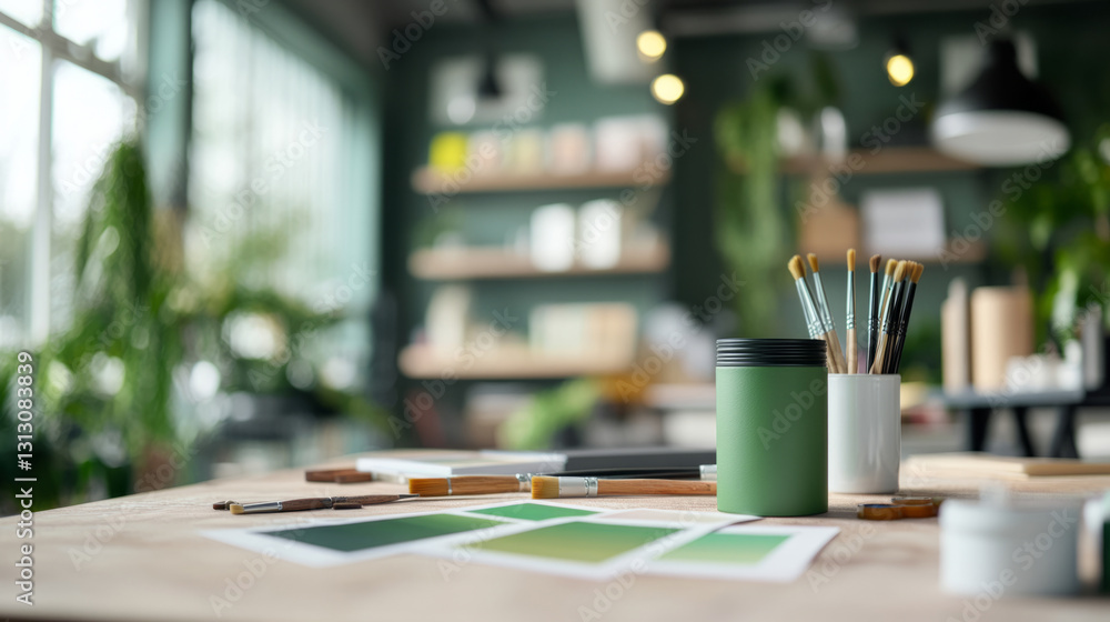 Creative workspace with paintbrushes and green tones in modern studio interior Creative workspace with paintbrushes and green tones in modern studio interior