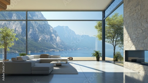 A contemporary home with a frameless glass window  offering uninterrupted scenic views.