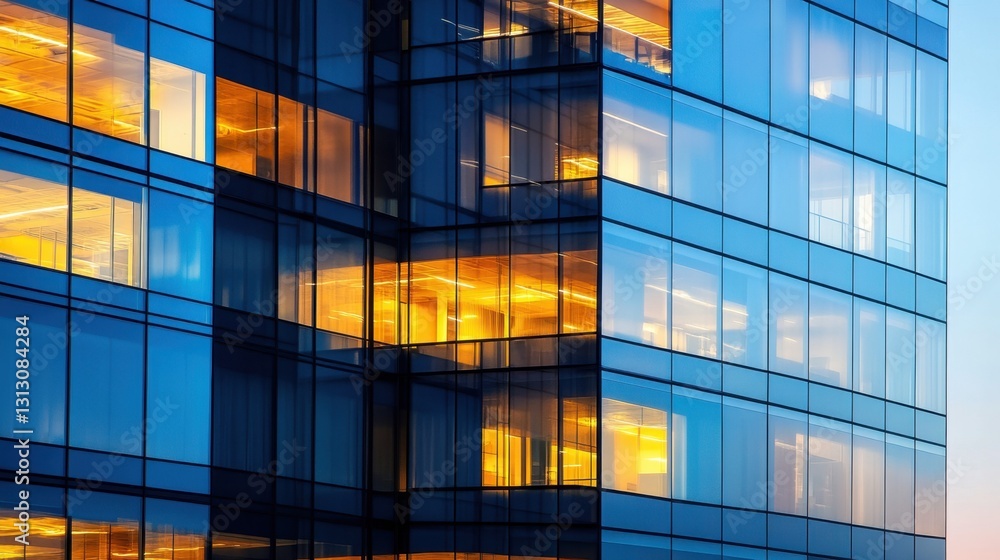 A contemporary office building with a modern glass window exterior, reflecting the city lights at dusk. A contemporary office building with a modern glass window exterior, reflecting the city lights at dusk.