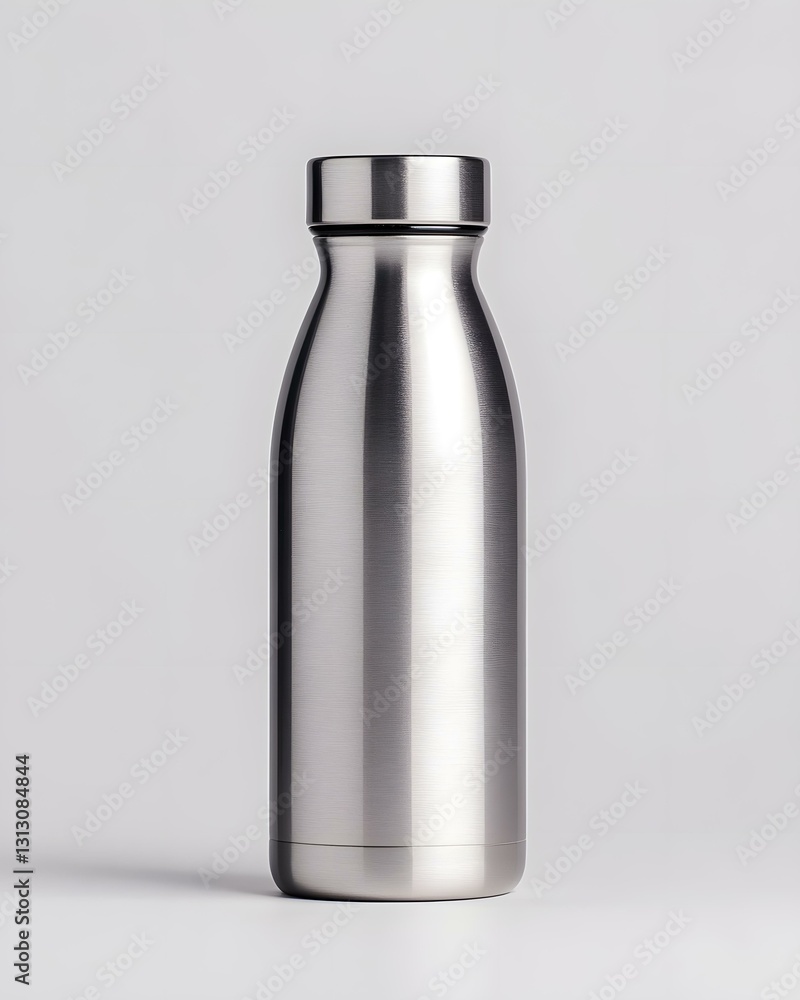 Brushed Silver Water Bottle on Light Gray Background Brushed Silver Water Bottle on Light Gray Background