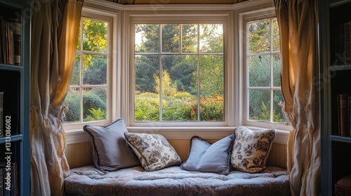 A cozy reading nook set beside an elegant bay window overlooking a garden.