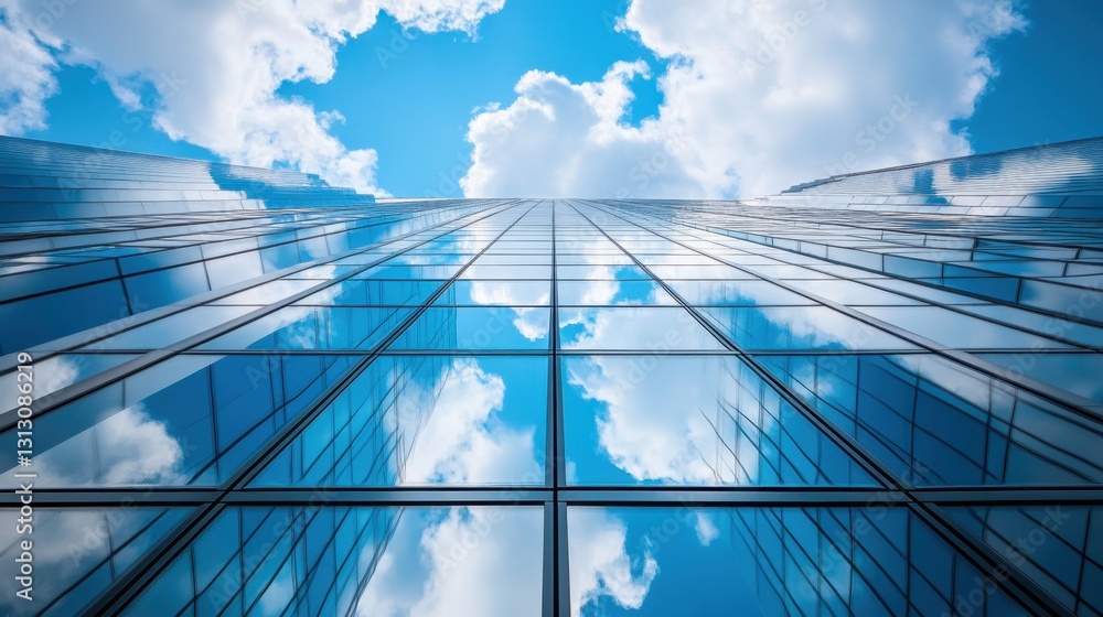 A cutting-edge skyscraper with reflective glass windows mirroring the sky and clouds. A cutting-edge skyscraper with reflective glass windows mirroring the sky and clouds.