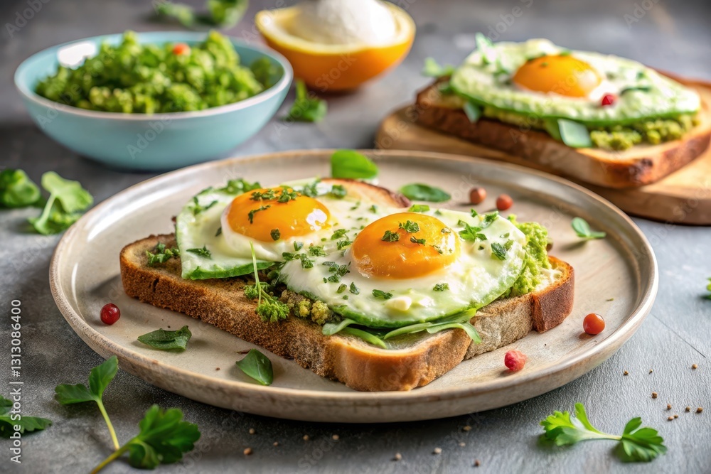Delicious open-faced sandwich featuring fried eggs, vibrant green spread, and fresh herbs Delicious open-faced sandwich featuring fried eggs, vibrant green spread, and fresh herbs
