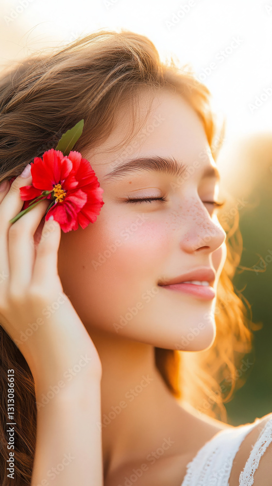 Naklejka premium Young caucasian female with red flower smiling in sunlit outdoors
