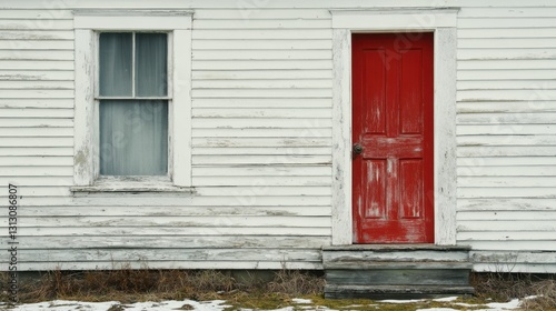 A farmhouses red door closed  contrasting against white wooden walls.