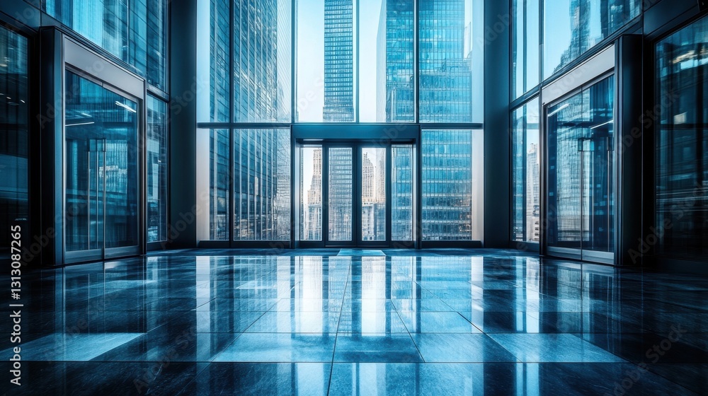 A futuristic office building with automatic glass doors, reflecting city skyscrapers. A futuristic office building with automatic glass doors, reflecting city skyscrapers.