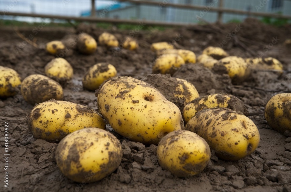 Fresh and dirty yellow potatoes on the ground Fresh and dirty yellow potatoes on the ground
