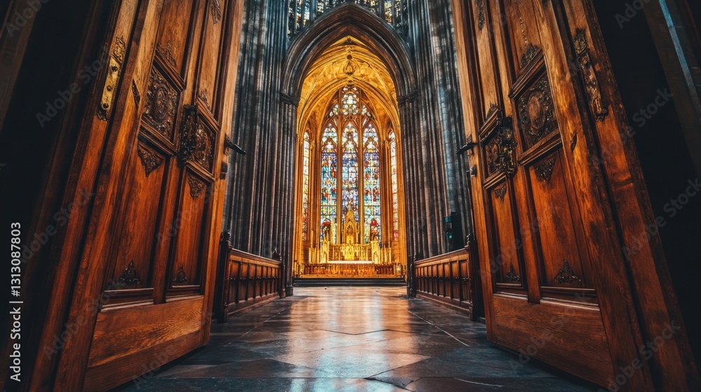 Fototapeta premium A grand cathedral with massive wooden doors wide open, revealing stained-glass beauty inside.