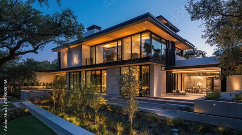 A high-tech smart home with minimalist architecture  automated lighting  and energy-efficient design.