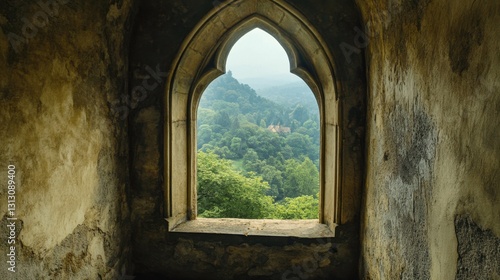 A historic castles narrow Gothic-style window  offering a glimpse of the lush landscape outside.