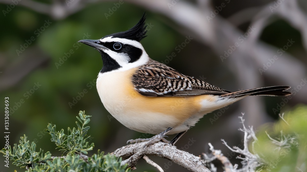 Fototapeta premium Bird with Black and White Stripe on Head and Curved Beak Perched on a Branch with Green Leaves in a Tranquil Nature Setting