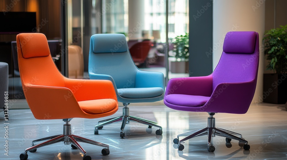 35.A modern office chair collection in striking hues, including orange, purple, and blue, along with neutral tones, emphasizing smooth surfaces, functional designs, and versatility on a simple 35.A modern office chair collection in striking hues, including orange, purple, and blue, along with neutral tones, emphasizing smooth surfaces, functional designs, and versatility on a simple