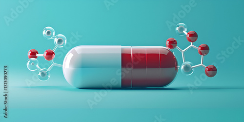 Wallpaper Mural Red and white capsule pill with molecular structure on turquoise background
 Torontodigital.ca