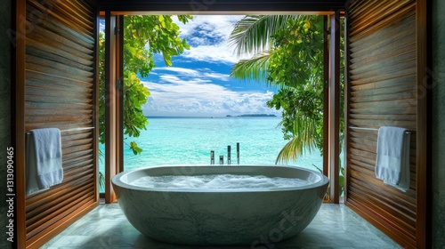 A luxury bathroom with a modern window offering a breathtaking view of a tropical paradise.