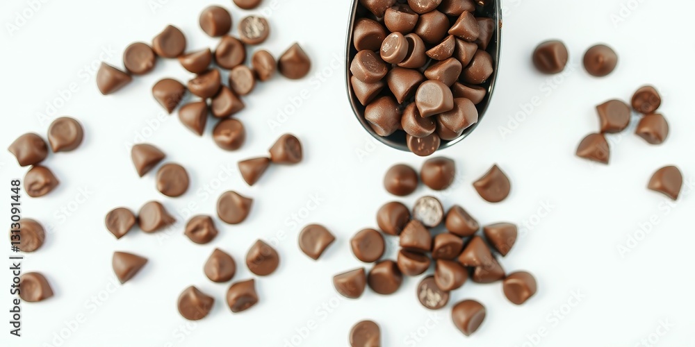 Chocolate Chips in Scoop, Top View, White Background Chocolate Chips in Scoop, Top View, White Background