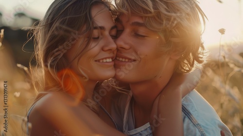 Young couple embracing in a sunlit field, surrounded by wildflowers, capturing a moment of love and joy