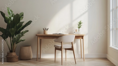 A minimalist home office with a sleek wooden desk  a simple chair  and an inspiring clutter-free space.