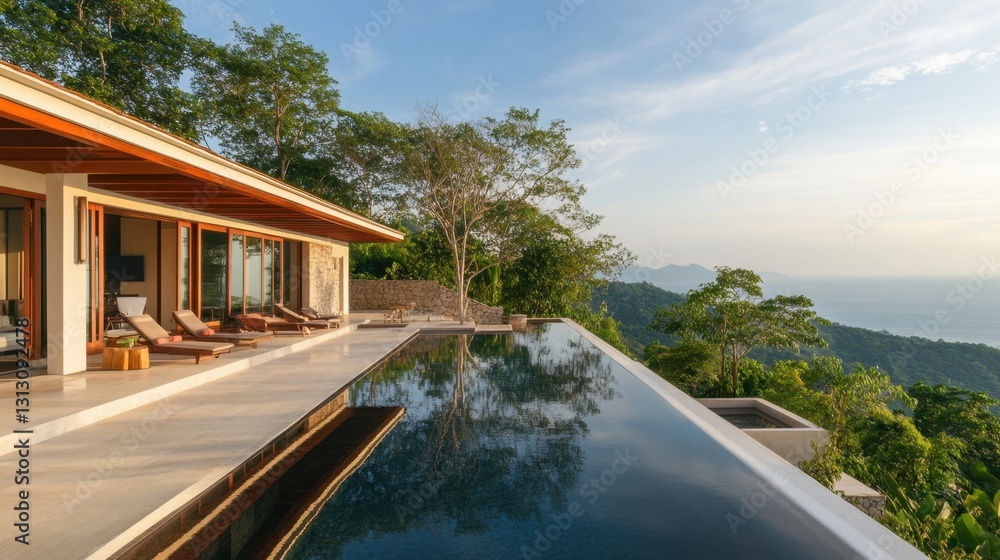 A minimalist luxury villa with an infinity pool, open-concept architecture, and panoramic views. A minimalist luxury villa with an infinity pool, open-concept architecture, and panoramic views.