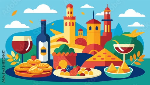 Take your taste buds on a tour of Spain with a tantalizing spread of bitesized tapas and a flight of specially curated wines.. Vector illustration