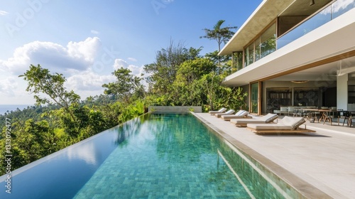 A minimalist luxury villa with an infinity pool  open-concept architecture  and panoramic views.