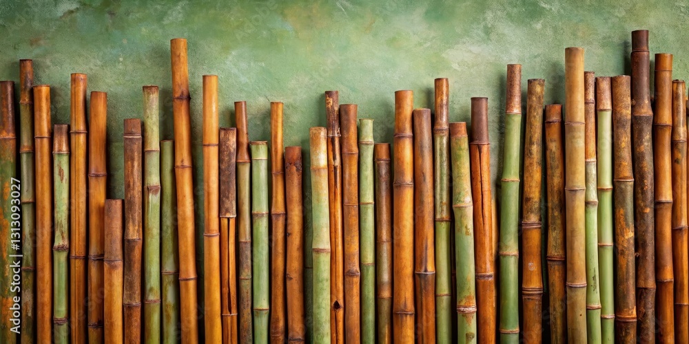 Obraz premium A vertical arrangement of diverse bamboo poles, exhibiting a spectrum of natural hues and textures, set against a textured green backdrop.