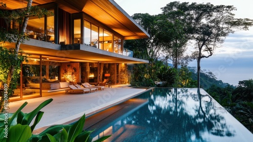 A modern house with a stunning infinity pool  surrounded by tropical plants and warm lighting.
