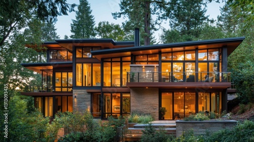 A modern house with energy-efficient tinted windows, designed for sustainability and aesthetics.