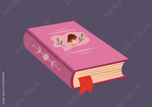 Cute Halloween Sticker. Colorful design element with spell book or witch magic attribute. Trick or Treat. Icon for celebrating festival of fear. Flat cartoon vector illustration isolated on background