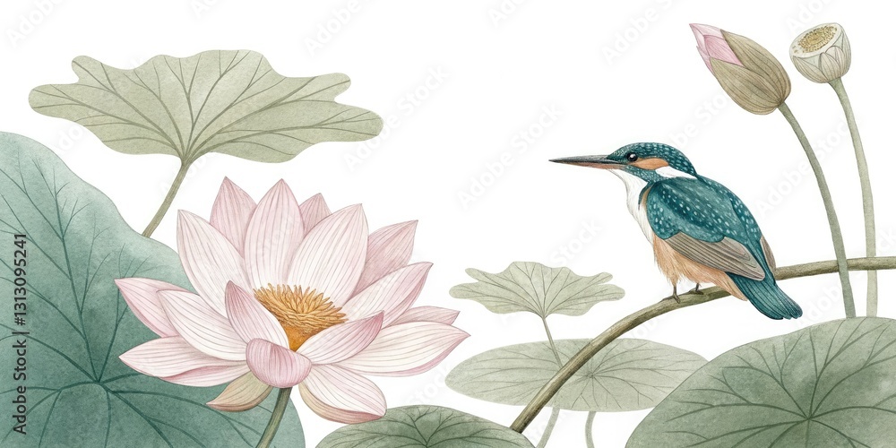 Obraz premium Muted watercolor lotus flower and kingfisher in shades of pale pink and green, watercolor, green, pattern, floral