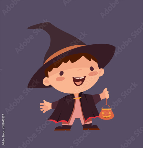 Cute Halloween Sticker. Charming smiling boy in magician, sorcerer or witch costume. Child in Halloween outfit. Design element for print. Flat cartoon vector illustration isolated on background