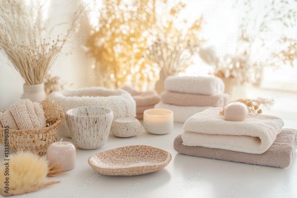Conjunto de itens de spa com toalhas, velas e elementos decorativos em tons neutros, capturados com luz natural suave, criado com IA generativa. Conjunto de itens de spa com toalhas, velas e elementos decorativos em tons neutros, capturados com luz natural suave, criado com IA generativa.