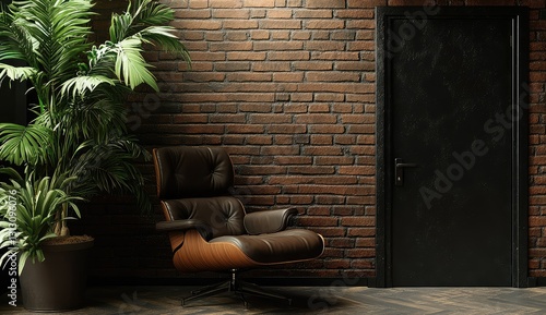 Leather chair, brick wall, plant, doorway, interior design (1)