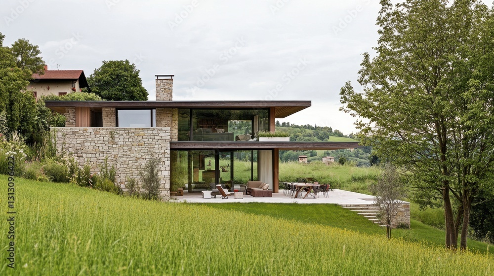A serene modern villa in the countryside, featuring a combination of stone, wood, and glass elements.
