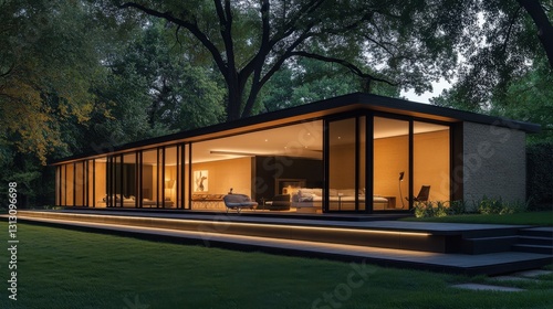 A sleek contemporary house with a minimalist faade  large glass windows  and warm exterior lighting.