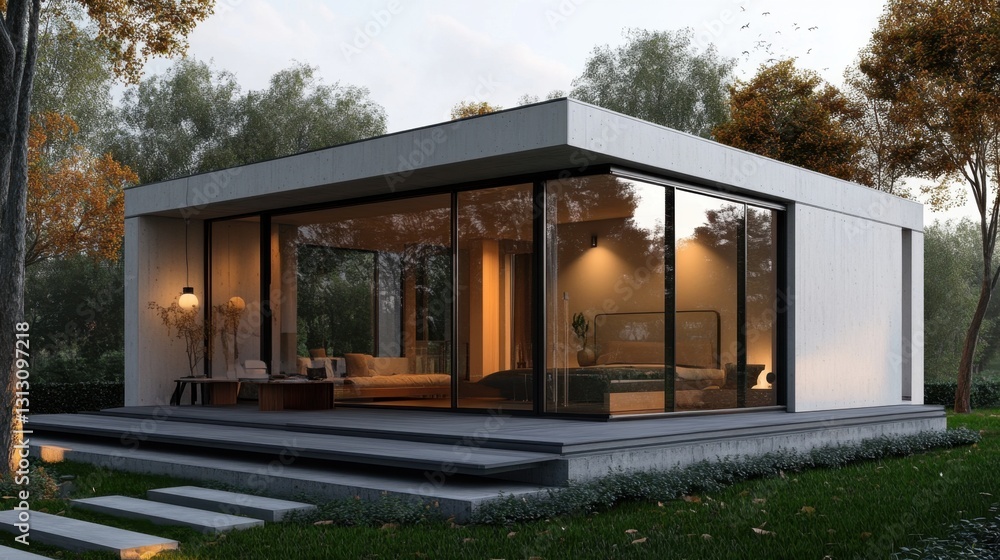 Fototapeta premium A small yet stylish minimalist house with a compact design, functional spaces, and eco-friendly elements.