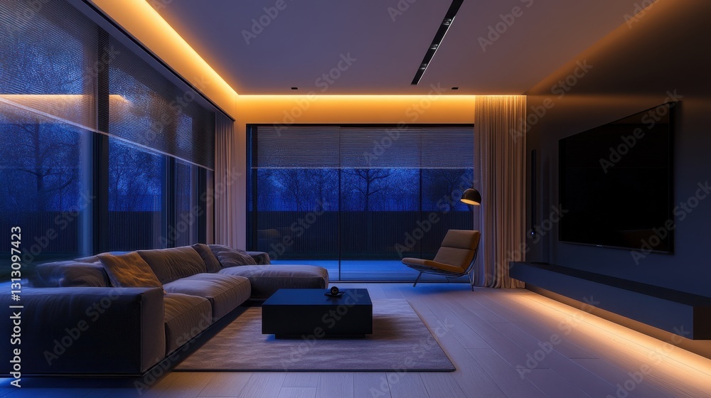 A smart minimalist home with automated lighting, voice-controlled blinds, and seamless technology integration. A smart minimalist home with automated lighting, voice-controlled blinds, and seamless technology integration.