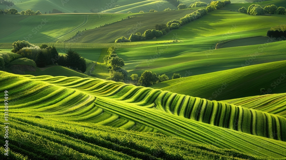 Lush Green Hills with Rolling Terraces Under Bright Sky, Showcasing Nature's Beauty and Serenity in the Background