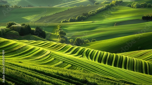 Obraz na płótnie Lush Green Hills with Rolling Terraces Under Bright Sky, Showcasing Nature's Beauty and Serenity in the Background w salonie