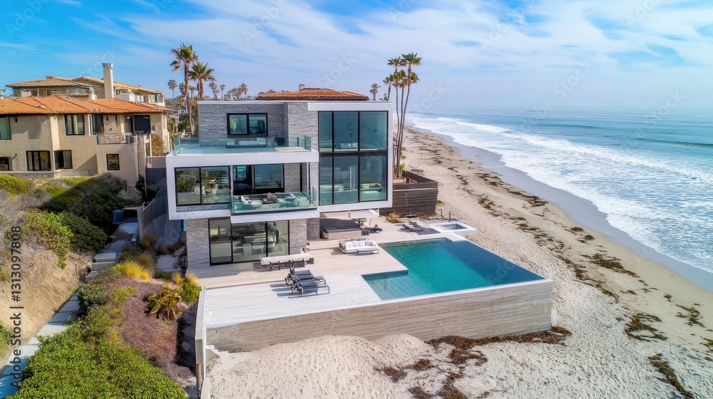 Fototapeta premium A stunning contemporary beach house with floor-to-ceiling windows and a direct oceanfront view.