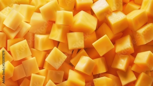 Obraz na płótnie Close-up view of vibrant yellow cheese cubes scattered on a surface, ideal for culinary presentations and recipes w salonie