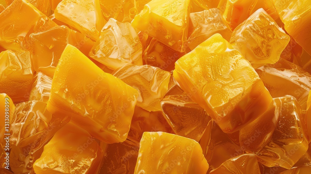 Close-up of vibrant yellow gelatin cubes stacked together, showcasing their glossy texture and colorful appeal