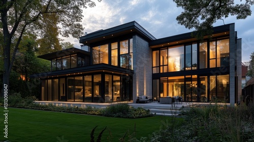 A stylish contemporary house with a modern window facade  blending glass and sleek architectural design.