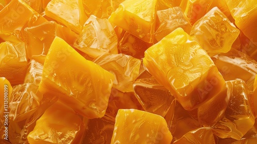 Obraz na płótnie Close-up of vibrant yellow gelatin cubes stacked together, showcasing their glossy texture and colorful appeal w salonie